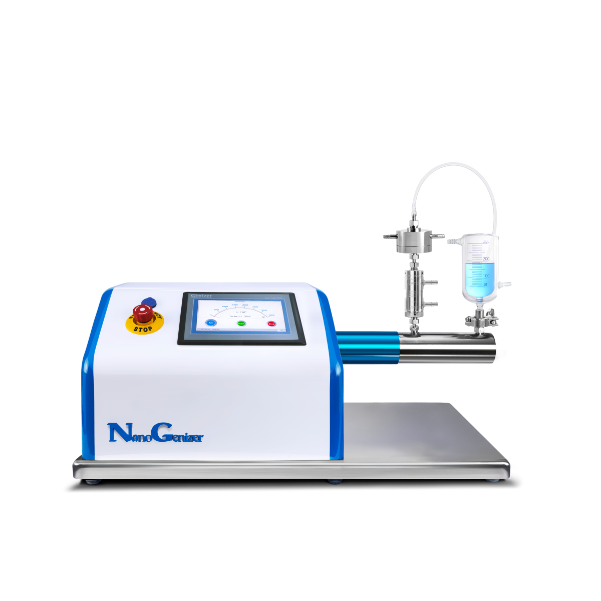 NanoGenizer, homogeneizador de alta pressão de bancada, com câmara de interação e frasco de amostra